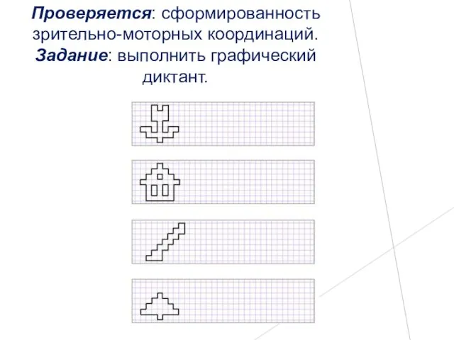 Проверяется: сформированность зрительно-моторных координаций. Задание: выполнить графический диктант.