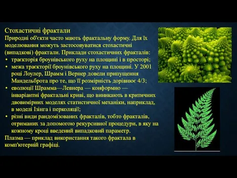 Стохастичні фрактали Природні об'єкти часто мають фрактальну форму. Для їх моделювання