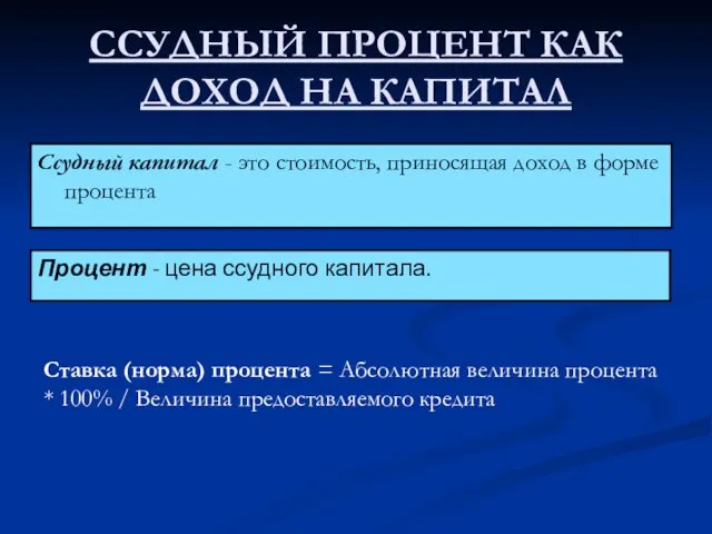 ССУДНЫЙ ПРОЦЕНТ КАК ДОХОД НА КАПИТАЛ Ссудный капитал - это стоимость,