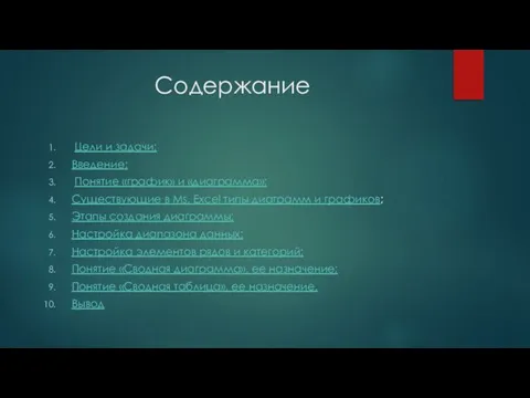 Содержание Цели и задачи; Введение; Понятие «график» и «диаграмма»; Существующие в