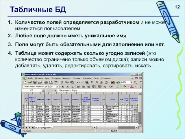 Табличные БД Количество полей определяется разработчиком и не может изменяться пользователем.