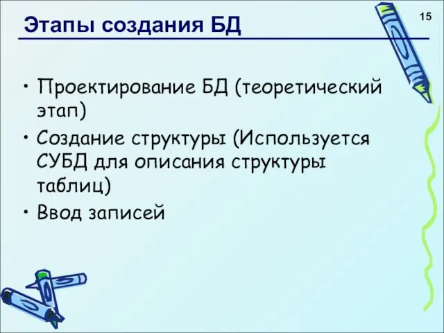 Этапы создания БД Проектирование БД (теоретический этап) Создание структуры (Используется СУБД