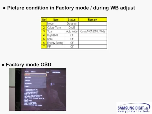 ● Picture condition in Factory mode / during WB adjust ● Factory mode OSD