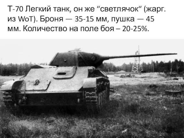 Т-70 Легкий танк, он же “светлячок“ (жарг. из WoT). Броня —