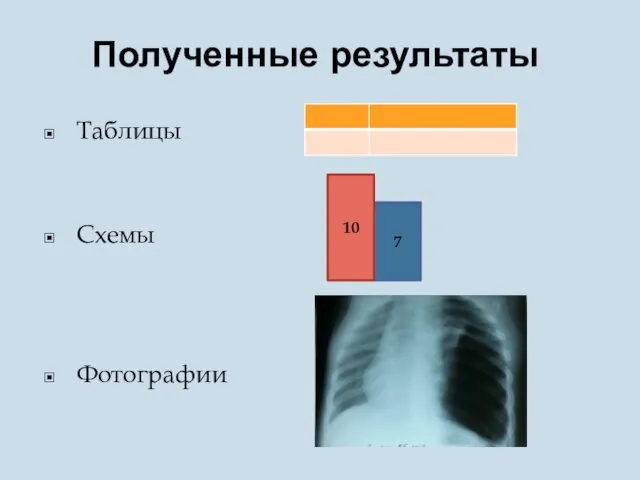 Полученные результаты Таблицы Схемы Фотографии