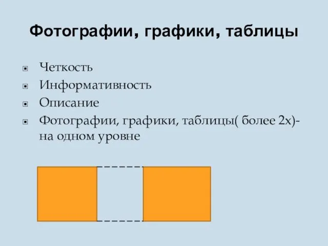 Фотографии, графики, таблицы Четкость Информативность Описание Фотографии, графики, таблицы( более 2х)- на одном уровне