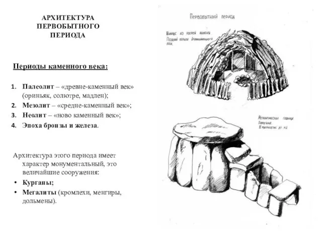 АРХИТЕКТУРА ПЕРВОБЫТНОГО ПЕРИОДА Периоды каменного века: Палеолит – «древне-каменный век» (ориньяк,