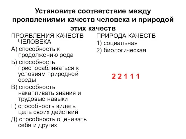 Установите соответствие между проявлениями качеств человека и природой этих качеств ПРОЯВЛЕНИЯ