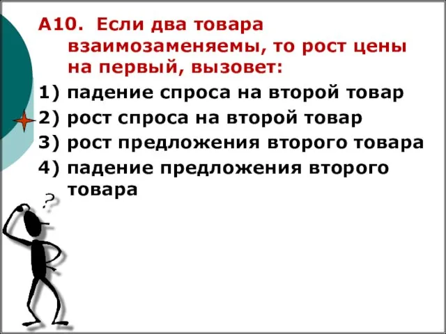 А10. Если два товара взаимозаменяемы, то рост цены на первый, вызовет: