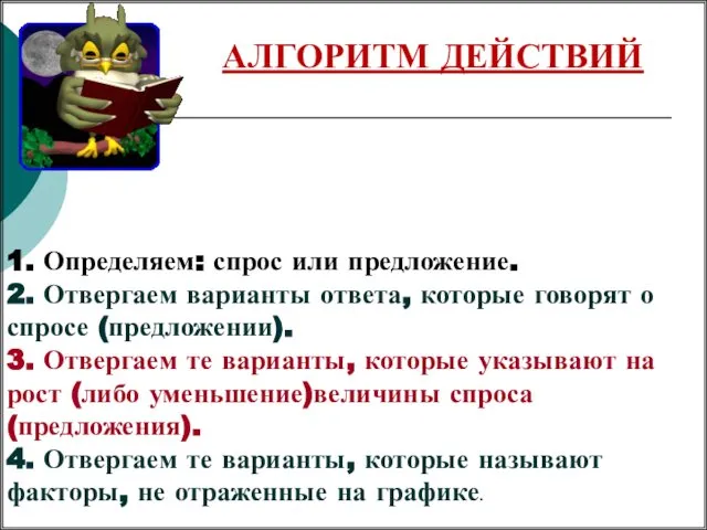 АЛГОРИТМ ДЕЙСТВИЙ 1. Определяем: спрос или предложение. 2. Отвергаем варианты ответа,