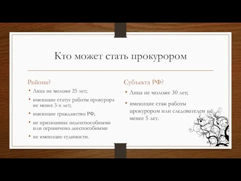 Кто может стать прокурором Района? Лица не моложе 25 лет; имеющие