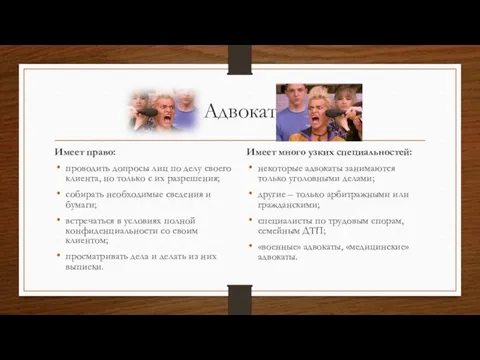 Адвокат Имеет право: проводить допросы лиц по делу своего клиента, но