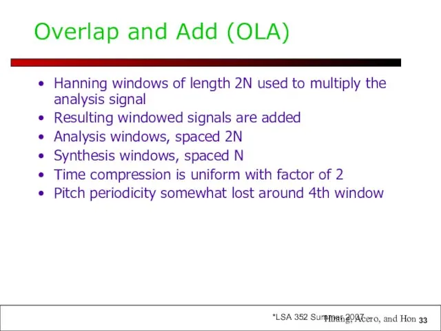 Overlap and Add (OLA) Hanning windows of length 2N used to