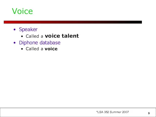 Voice Speaker Called a voice talent Diphone database Called a voice