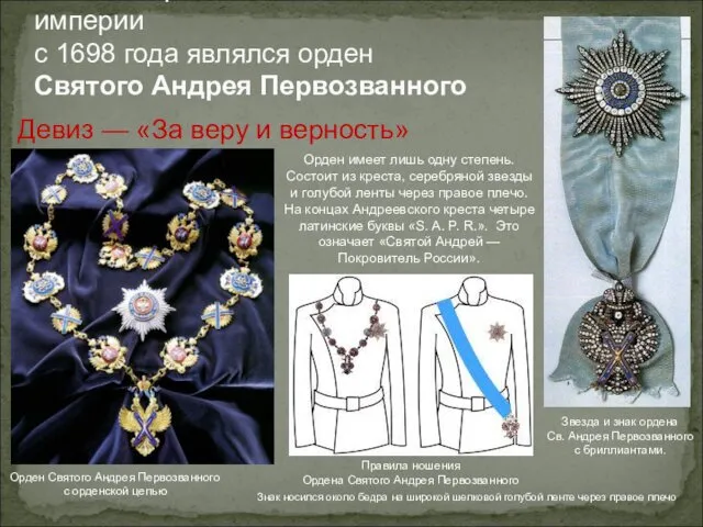 Высшим орденом Российской империи с 1698 года являлся орден Святого Андрея