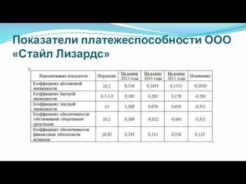 Показатели платежеспособности ООО «Стайл Лизардс»