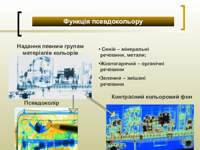 Функція псевдокольору Надання певним групам матеріалів кольорів Синій – мінеральні речовини,