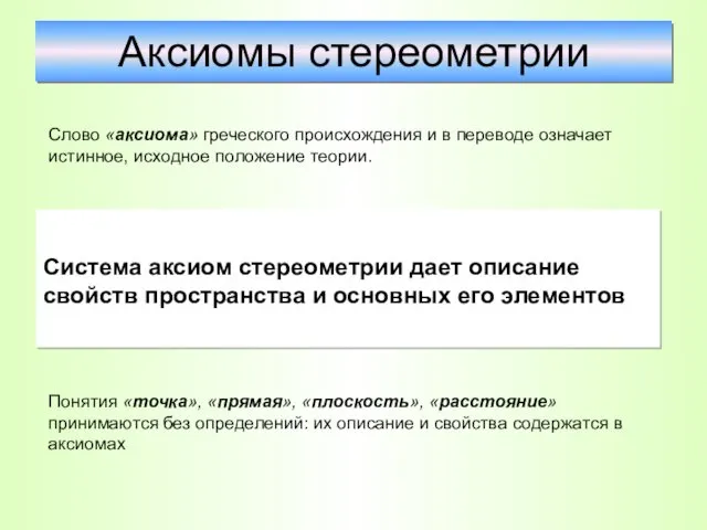 Аксиомы стереометрии Слово «аксиома» греческого происхождения и в переводе означает истинное,