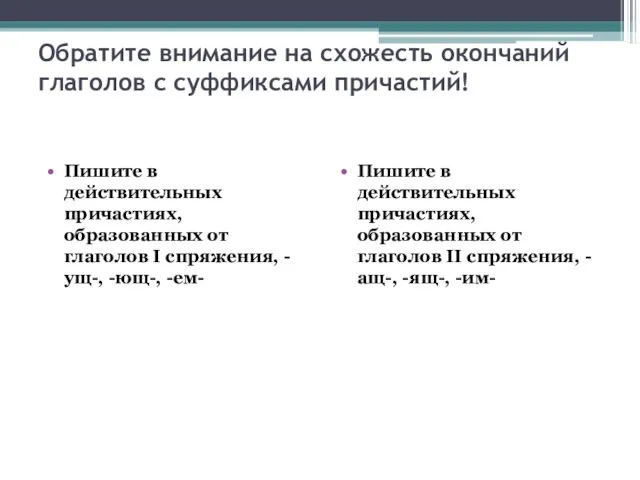 Обратите внимание на схожесть окончаний глаголов с суффиксами причастий! Пишите в