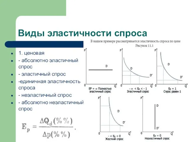 Виды эластичности спроса 1. ценовая - абсолютно эластичный спрос - эластичный