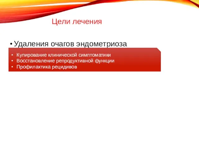 Цели лечения Удаления очагов эндометриоза Купирование клинической симптоматики Восстановление репродуктивной функции Профилактика рецидивов