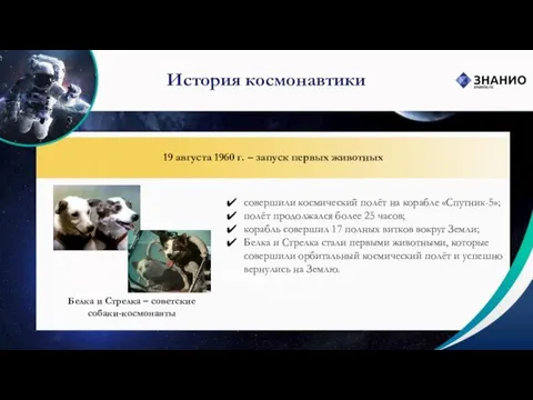 История космонавтики 19 августа 1960 г. – запуск первых животных совершили