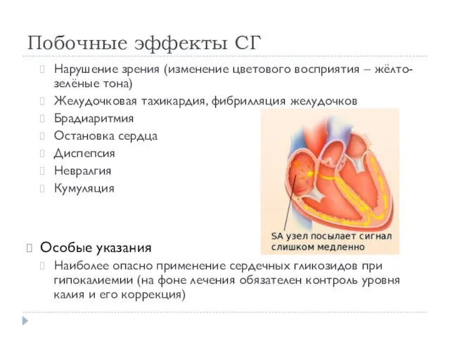 Побочные эффекты СГ Нарушение зрения (изменение цветового восприятия – жёлто-зелёные тона)