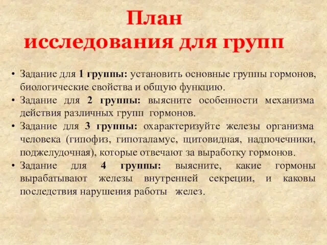 План исследования для групп Задание для 1 группы: установить основные группы