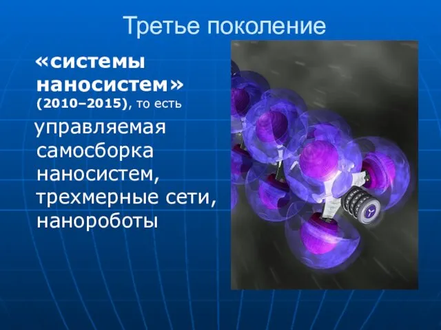 Третье поколение «системы наносистем» (2010–2015), то есть управляемая самосборка наносистем, трехмерные сети, нанороботы