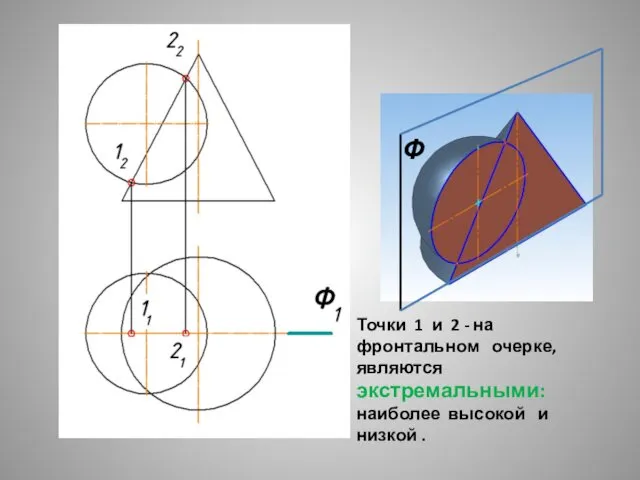 Точки 1 и 2 - на фронтальном очерке, являются экстремальными: наиболее высокой и низкой . Ф