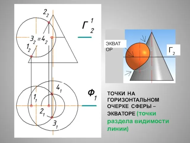 ТОЧКИ НА ГОРИЗОНТАЛЬНОМ ОЧЕРКЕ СФЕРЫ – ЭКВАТОРЕ (точки раздела видимости линии) ЭКВАТОР Г2