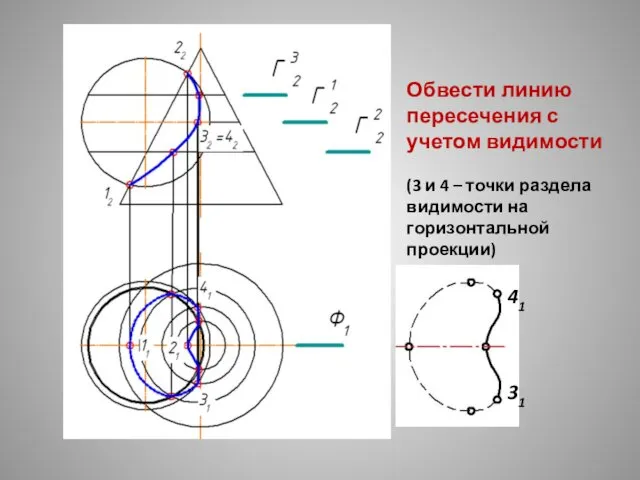 41 31 Обвести линию пересечения с учетом видимости (3 и 4