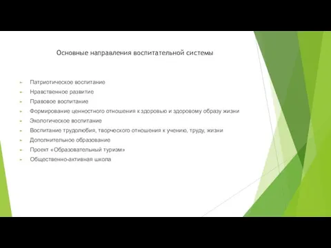 Основные направления воспитательной системы Патриотическое воспитание Нравственное развитие Правовое воспитание Формирование