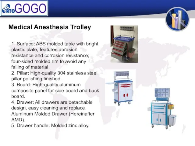 Medical Anesthesia Trolley 1. Surface: ABS molded table with bright plastic