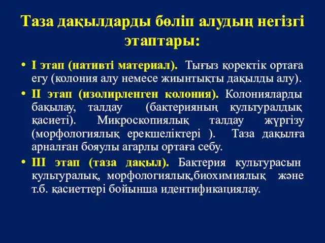 Таза дақылдарды бөліп алудың негізгі этаптары: I этап (нативті материал). Тығыз