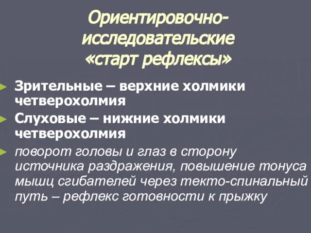 Ориентировочно-исследовательские «старт рефлексы» Зрительные – верхние холмики четверохолмия Слуховые – нижние