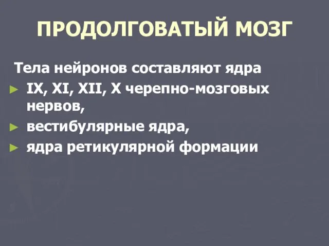 ПРОДОЛГОВАТЫЙ МОЗГ Тела нейронов составляют ядра IX, XI, XII, X черепно-мозговых