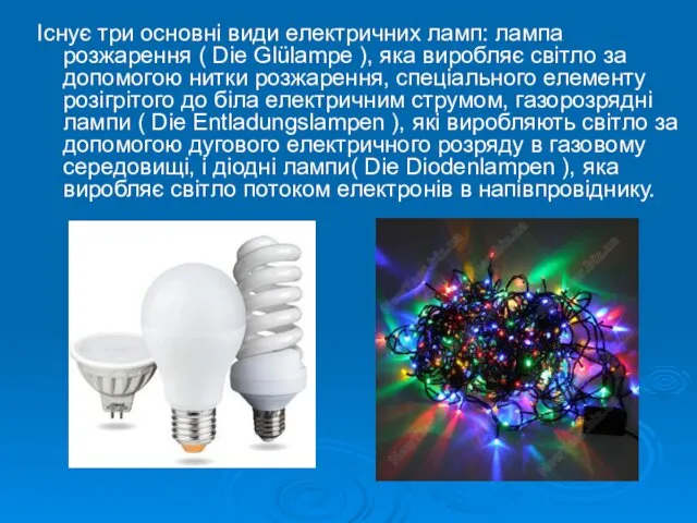 Існує три основні види електричних ламп: лампа розжарення ( Die Glülampe