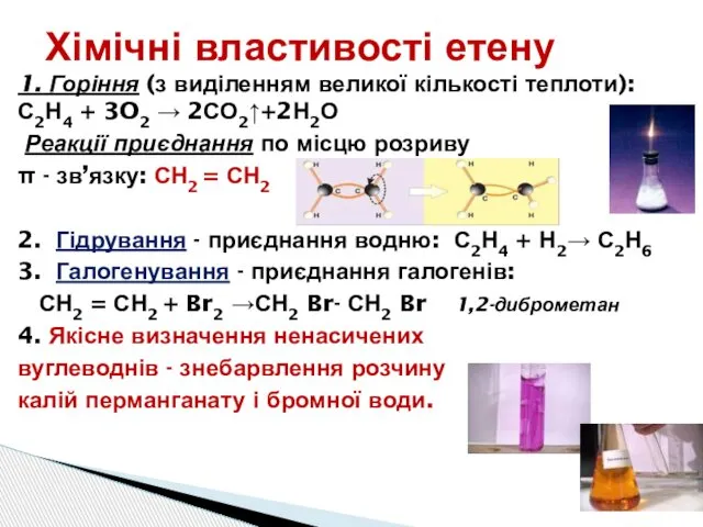 Хімічні властивості етену 1. Горіння (з виділенням великої кількості теплоти): С2Н4