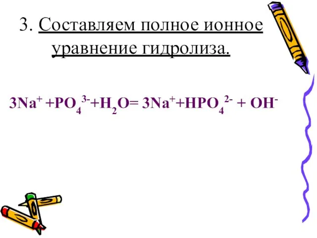 3. Составляем полное ионное уравнение гидролиза. 3Na+ +PO43-+H2O= 3Na++HPO42- + OH-