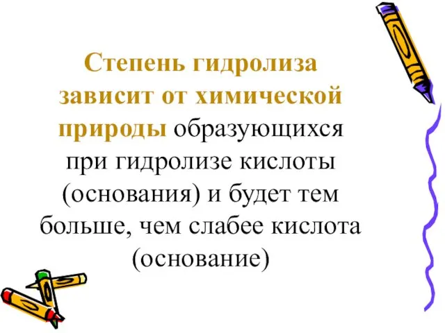 Степень гидролиза зависит от химической природы образующихся при гидролизе кислоты (основания)