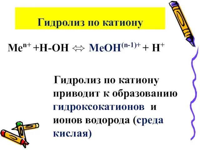 Гидролиз по катиону Men+ +H-OH ⬄ MeOH(n-1)+ + H+ Гидролиз по