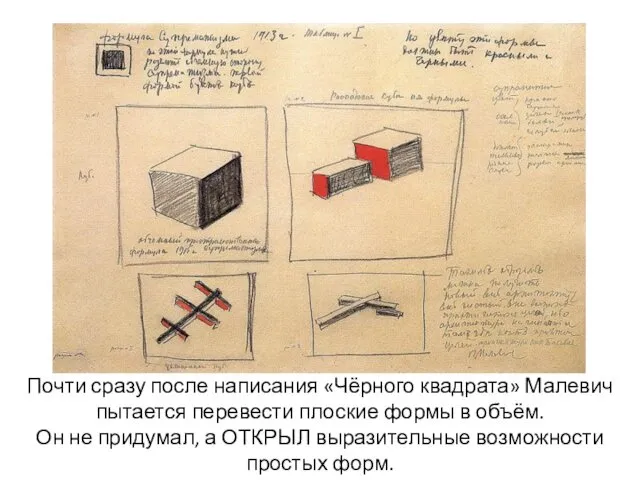 Почти сразу после написания «Чёрного квадрата» Малевич пытается перевести плоские формы