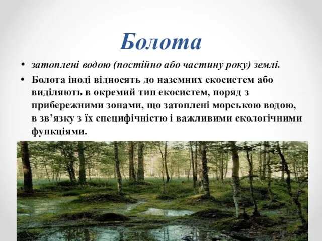 Болота затоплені водою (постійно або частину року) землі. Болота іноді відносять