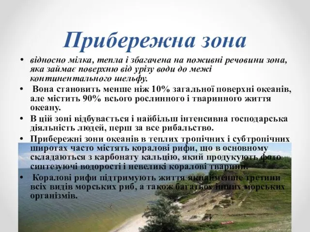 Прибережна зона відносно мілка, тепла і збагачена на поживні речовини зона,