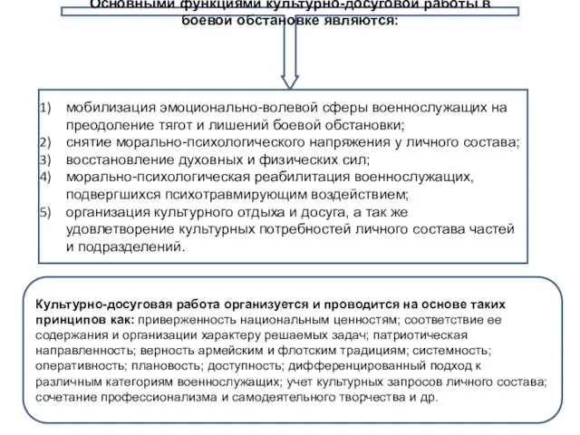 Основными функциями культурно-досуговой работы в боевой обстановке являются: мобилизация эмоционально-волевой сферы