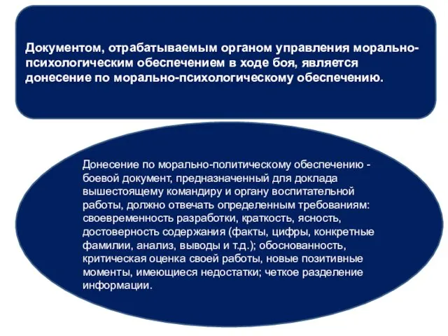 Документом, отрабатываемым органом управления морально-психологическим обеспечением в ходе боя, является донесение