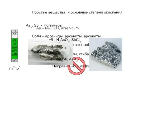 Простые вещества, и основные степени окисления ns2np3 As – мышьяк, arsenicum