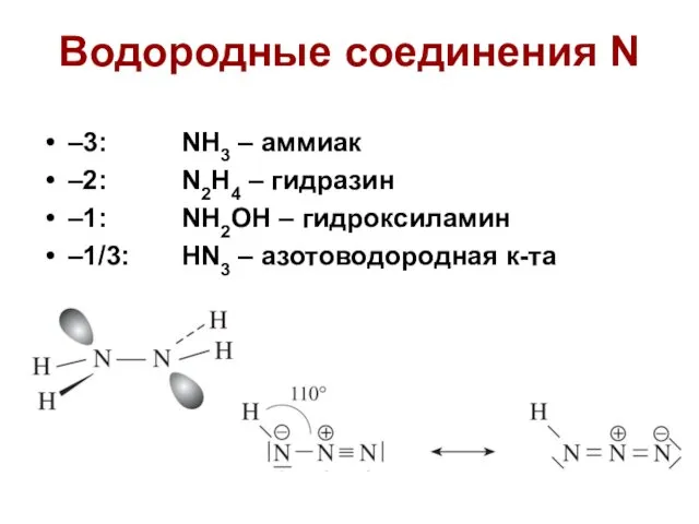 Водородные соединения N –3: NH3 – аммиак –2: N2H4 – гидразин