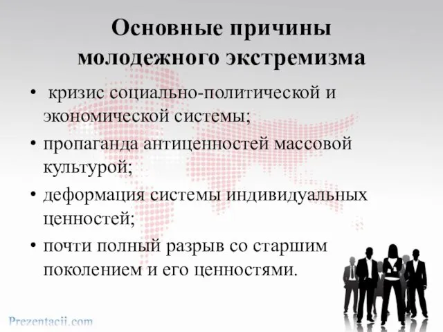 Основные причины молодежного экстремизма кризис социально-политической и экономической системы; пропаганда антиценностей